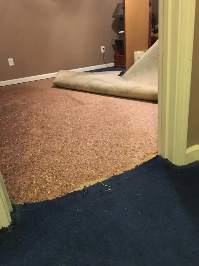 Carpet pad removal revealing water damage during Drying & Dehumidification in Chicago